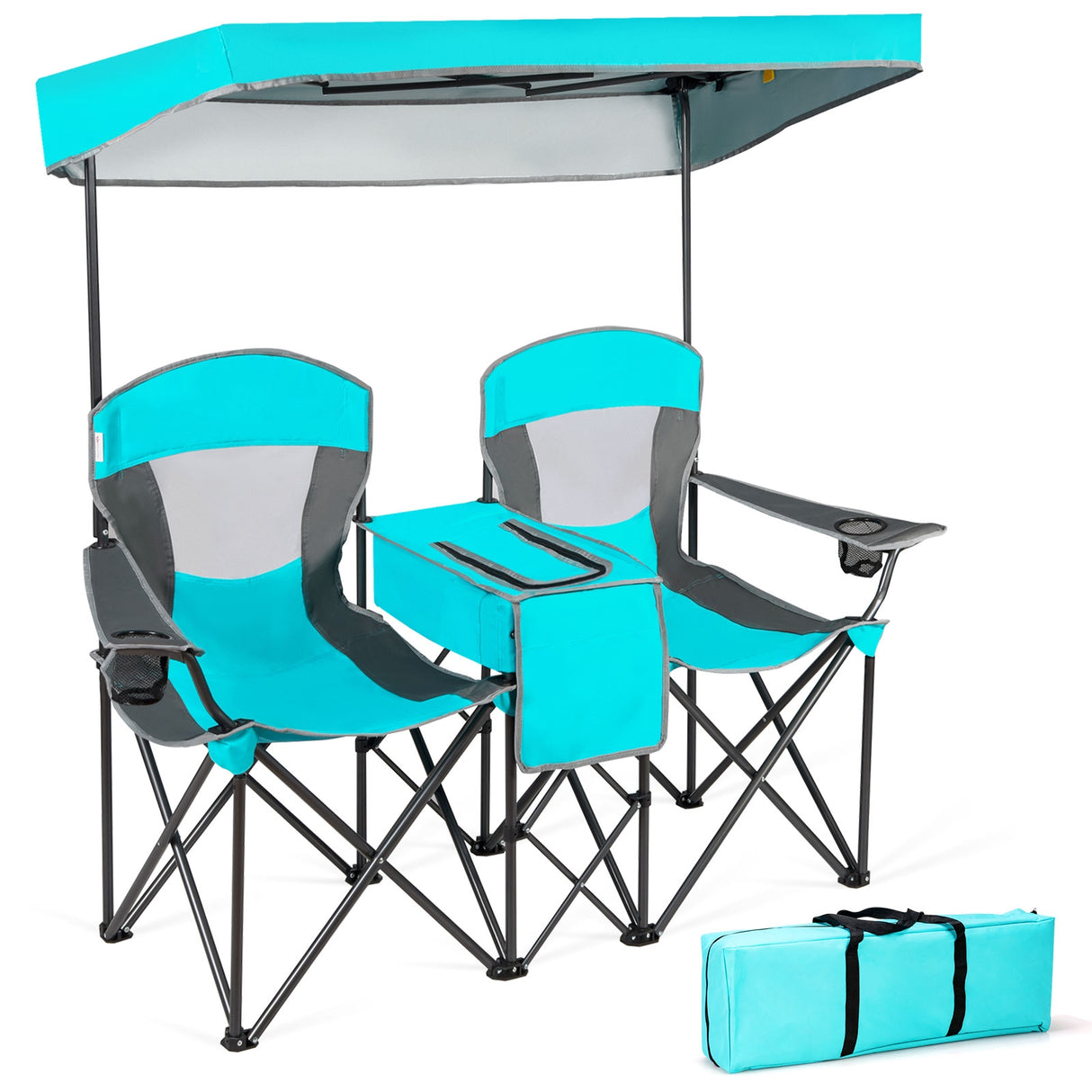 Patented Portable Folding Camping Canopy Chairs with Cup Holder-Blue