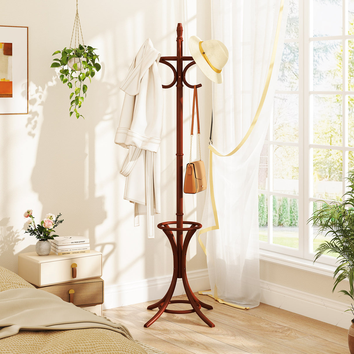 Wood Standing Hat Coat Rack with Umbrella Stand-Black