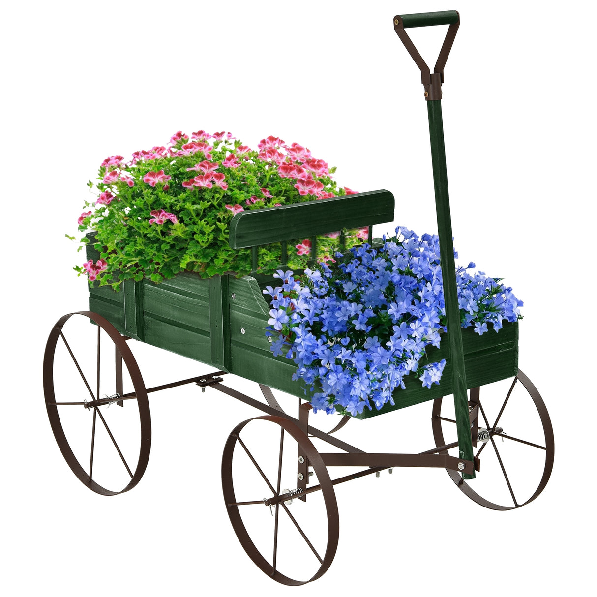 Wooden Wagon Plant Bed With Wheel for Garden Yard-Red