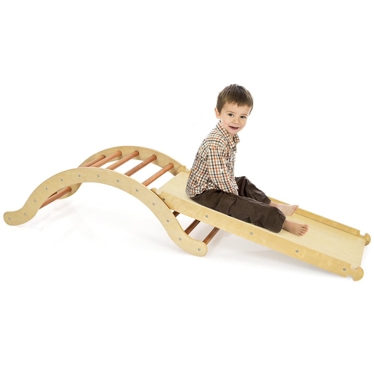 3-in-1 Kids Wooden Arch Triangle Rocker Climber Set with Ramp and Mat