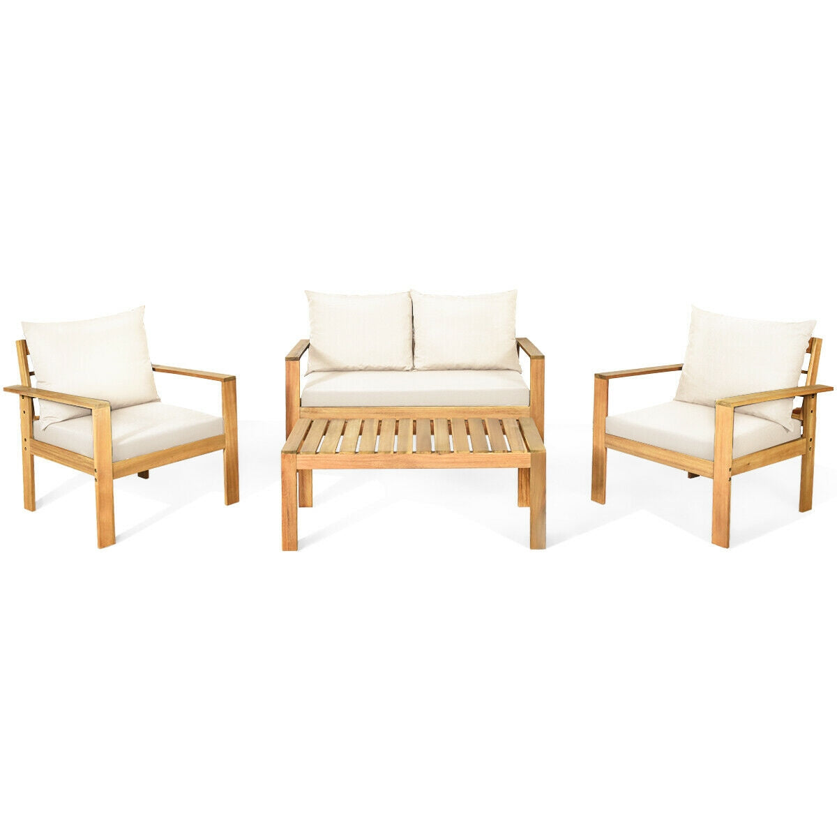 Outdoor 4 Pieces Acacia Wood Chat Set with Water Resistant Cushions-Gray