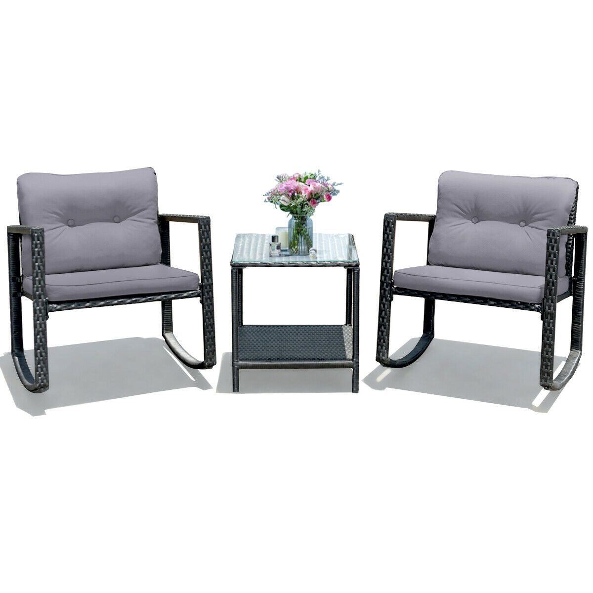 3 Pcs Wicker Rocking Bistro Set with Glass Coffee Table and Storage Shelf-Beige