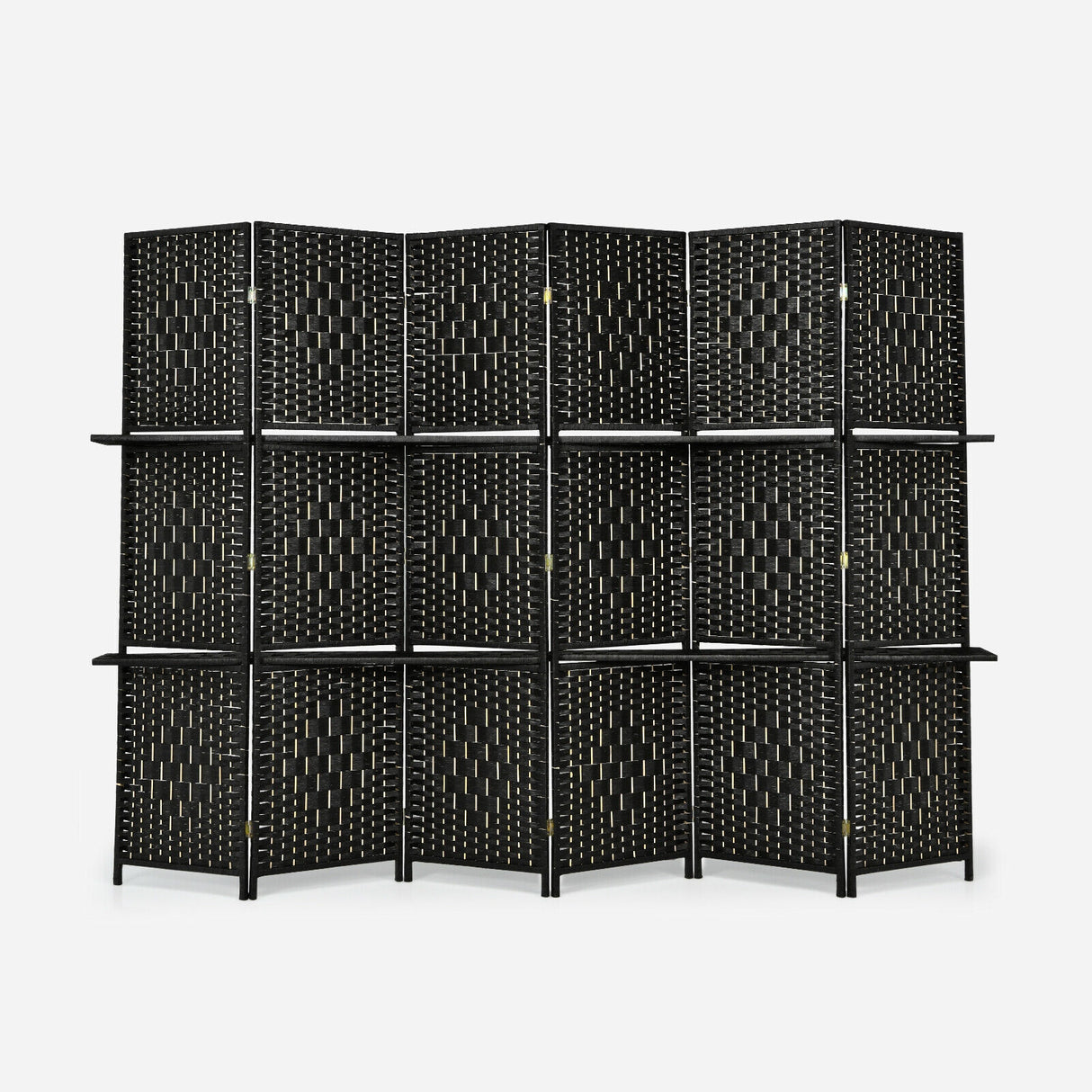 6 Panel Folding Weave Fiber Room Divider with 2 Display Shelves -Brown