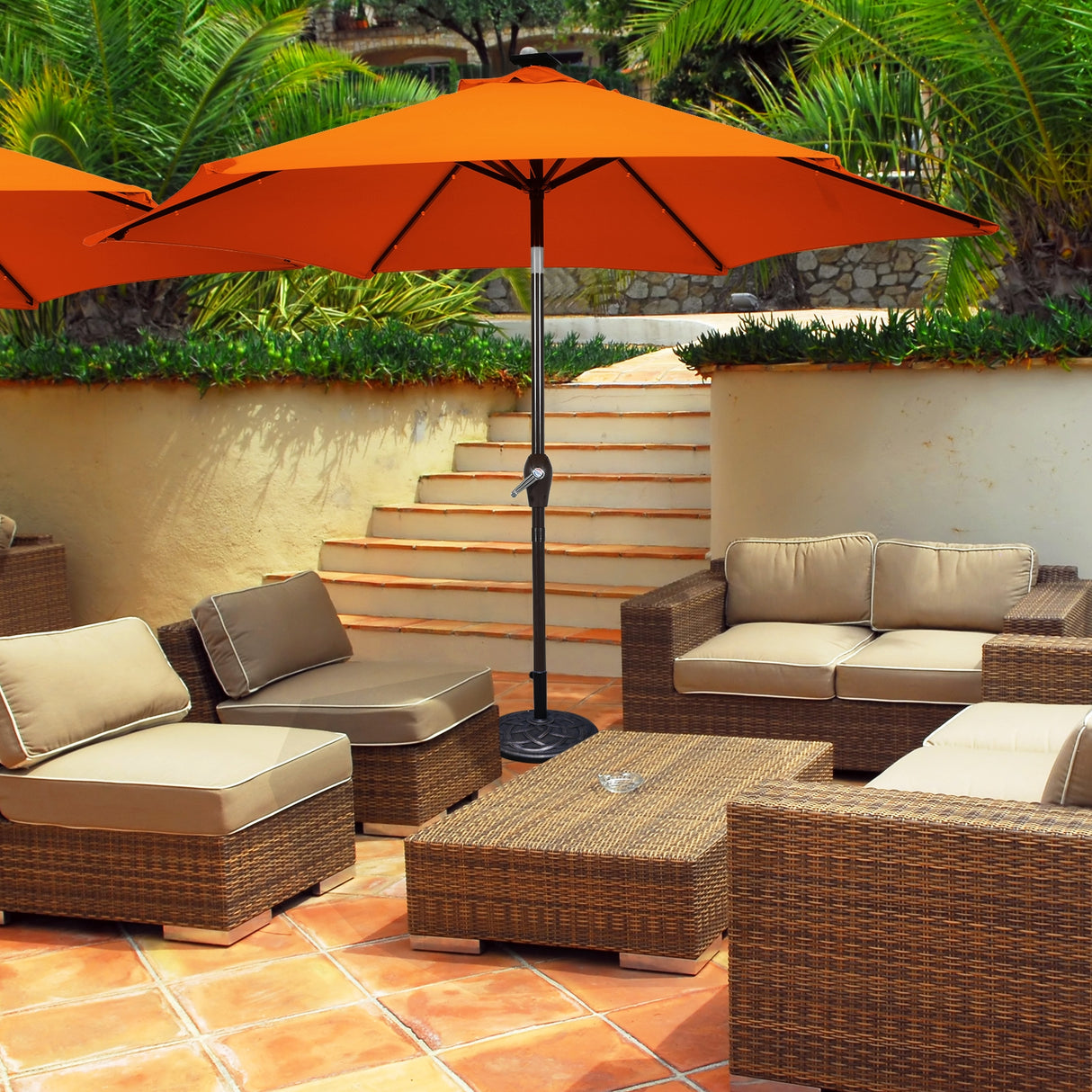 9 Feet Solar LED Lighted Patio Market Umbrella Tilt Adjustment Crank Lift-Dark Red