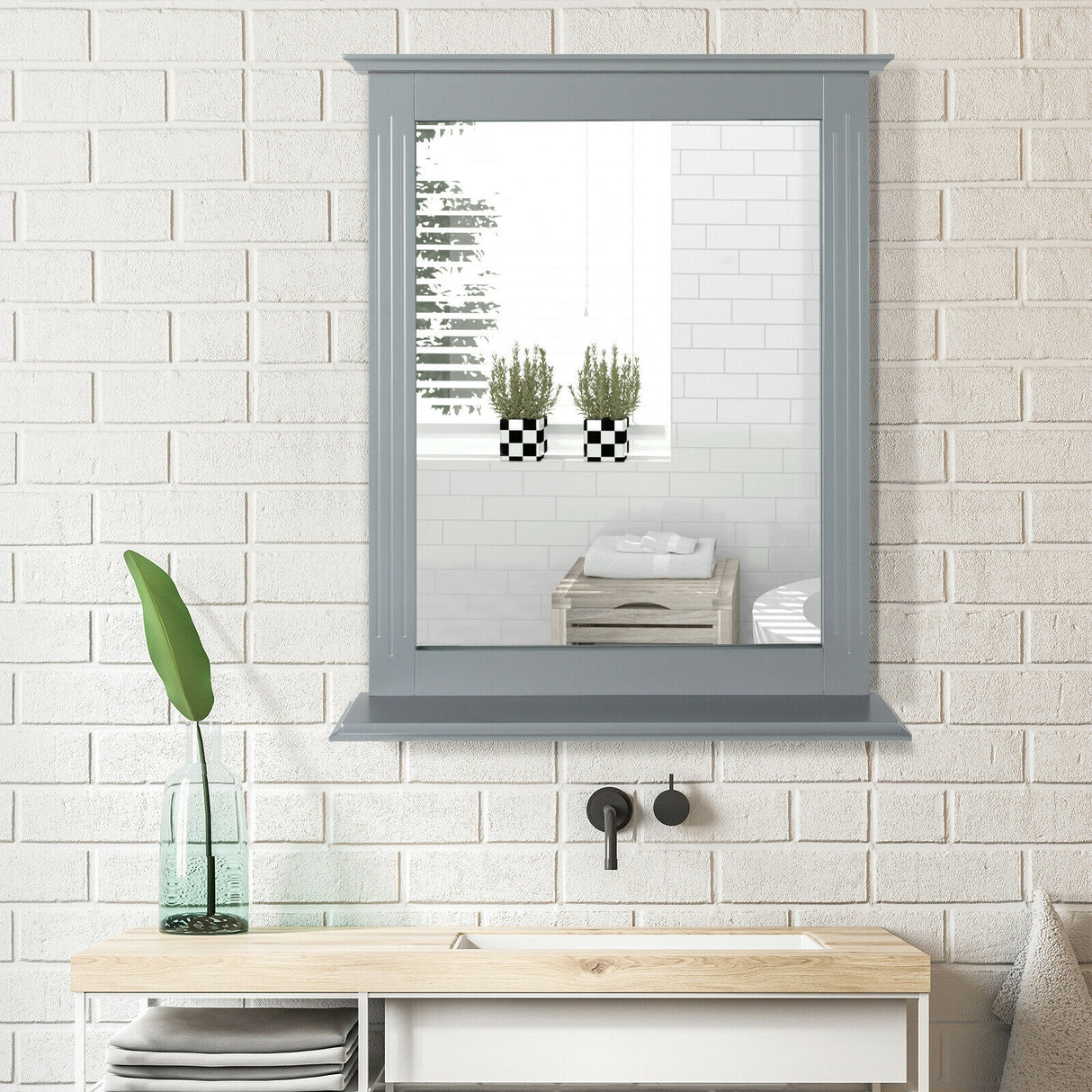 Wall-Mounted Multipurpose Vanity Mirror with Shelf-White