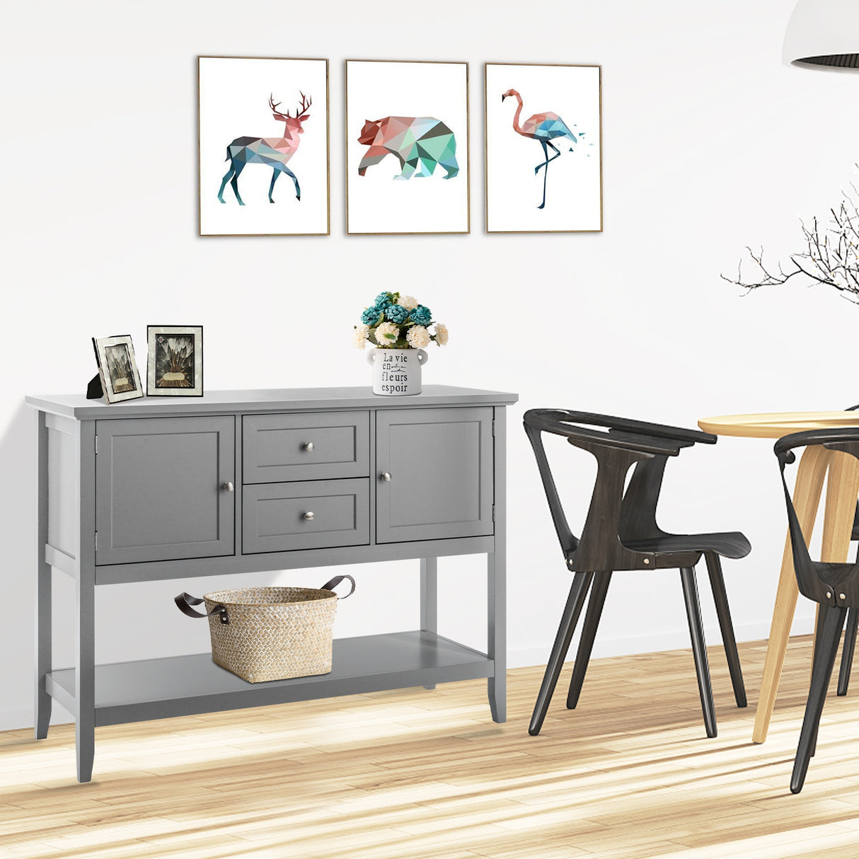 Wooden Sideboard Buffet Console Table with Drawers and Storage-Gray