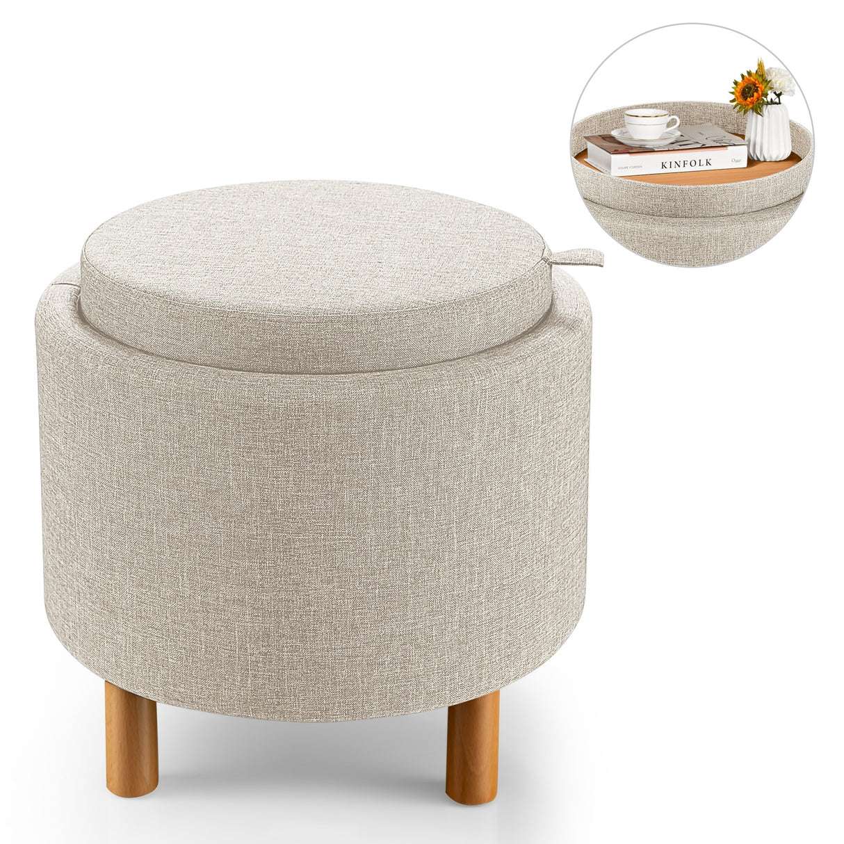 Round Fabric Storage Ottoman with Tray and Non-Slip Pads for Bedroom-Gray