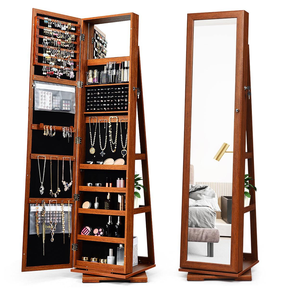 360 ° Rotatable 2-in-1 Lockable Jewelry Cabinet with Full-Length Mirror-Brown