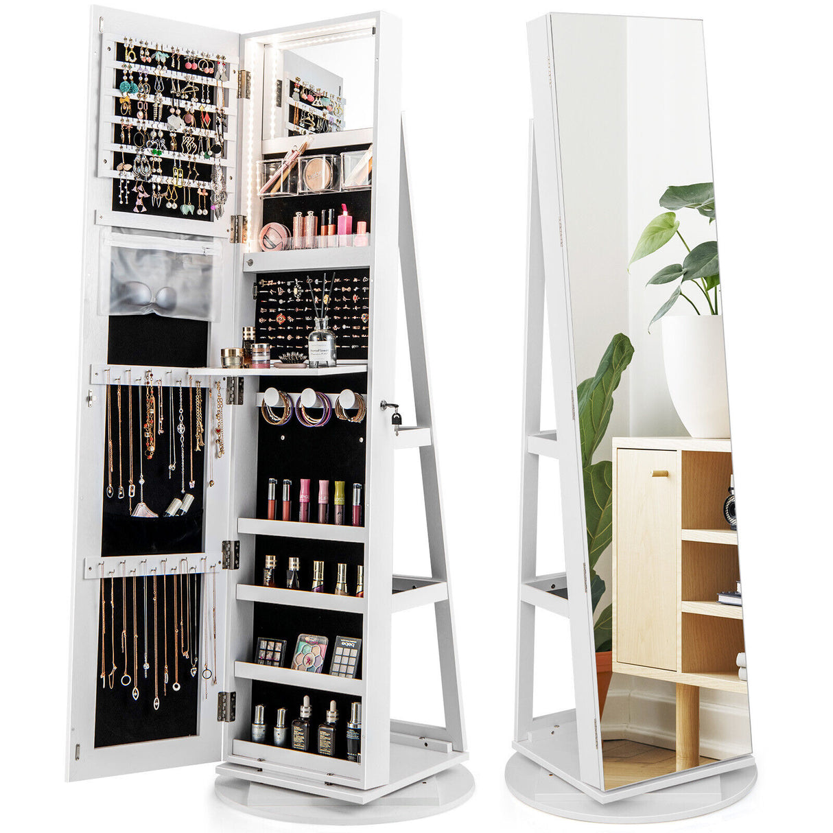 360 ° Rotating Mirrored Jewelry Cabinet Armoire 3 Color LED Modes Lockable-White
