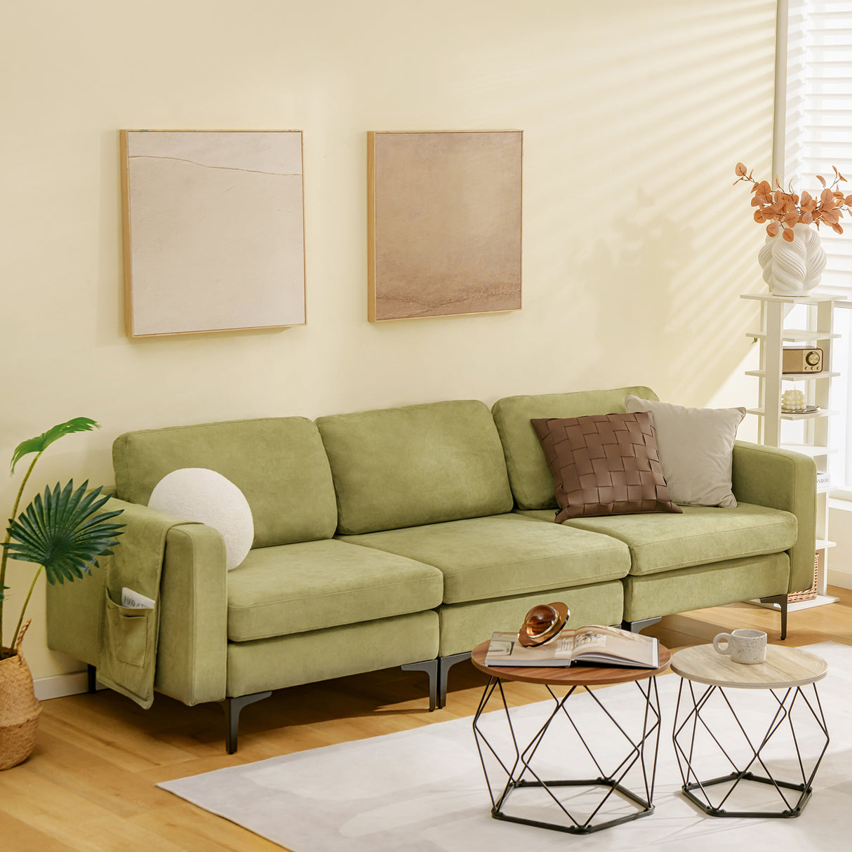 3-Seat Sectional Sofa Couch with Armrest Magazine Pocket and Metal Leg-Green