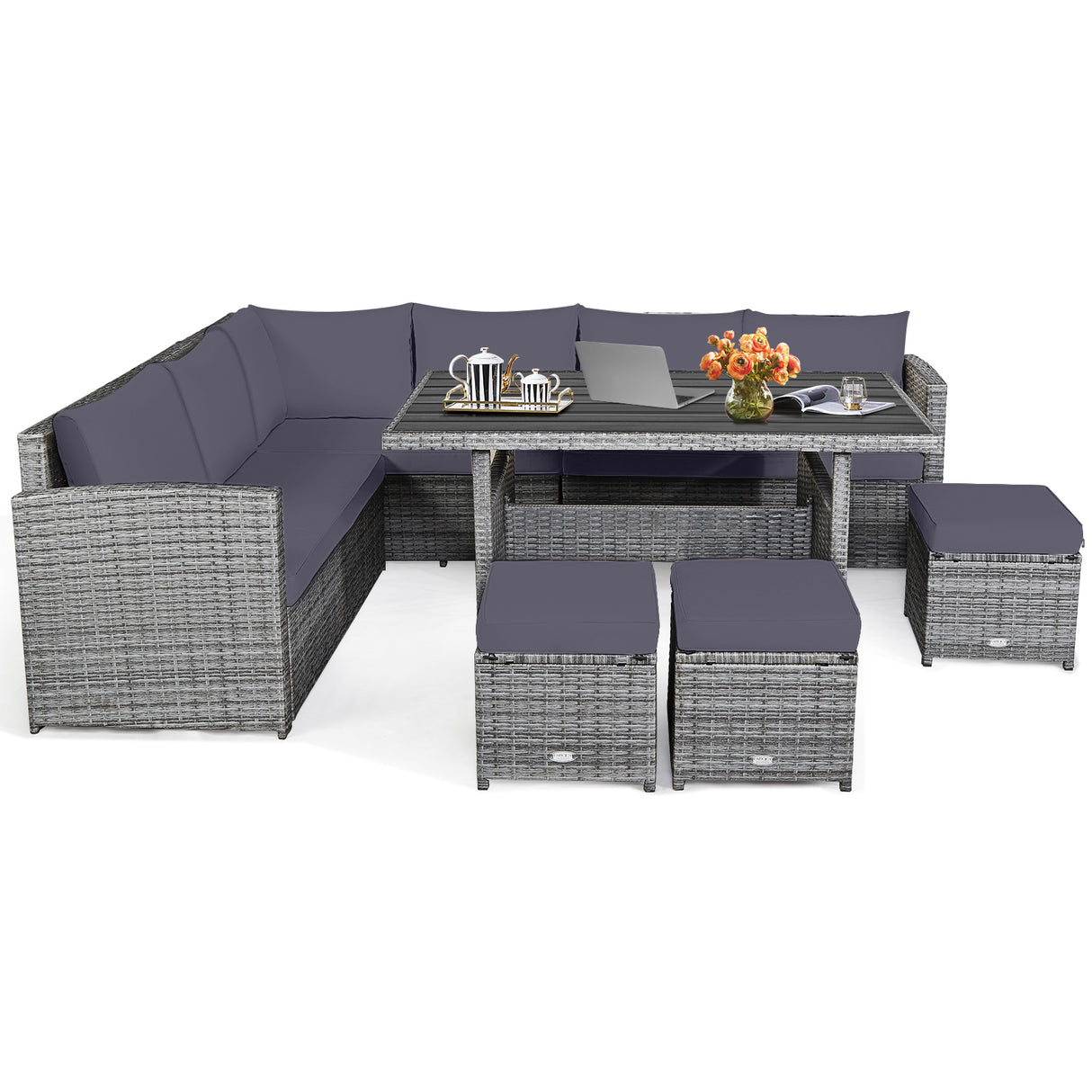 7 Pieces Patio Rattan Dining Furniture Sectional Sofa Set with Wicker Ottoman-Red