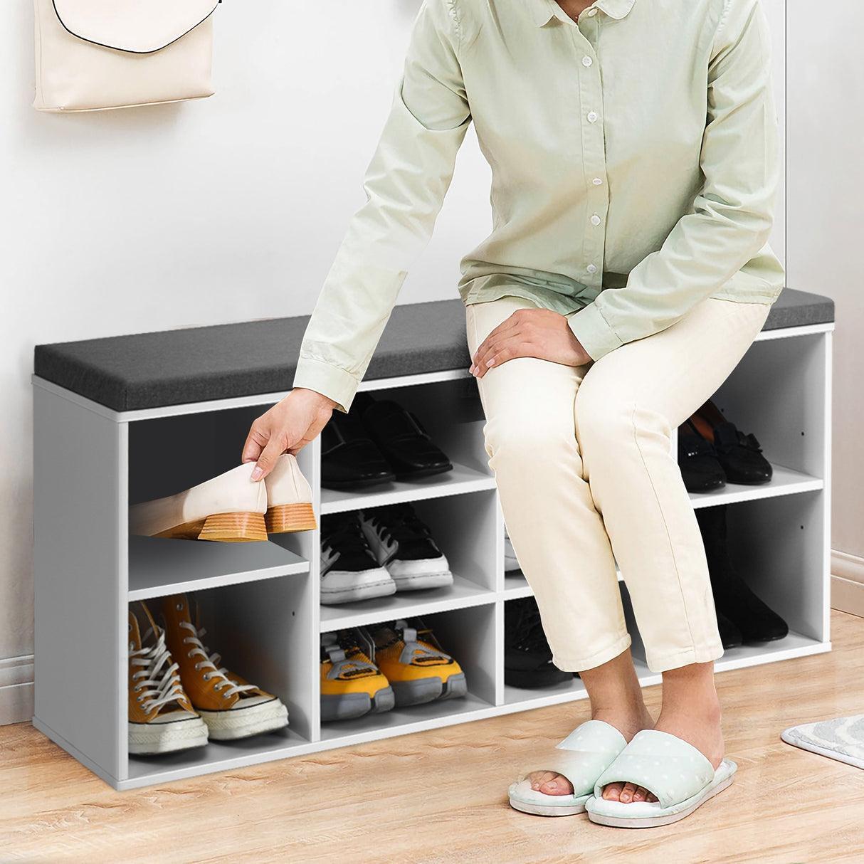 10-Cube Organizer Shoe Storage Bench with Cushion for Entryway-White