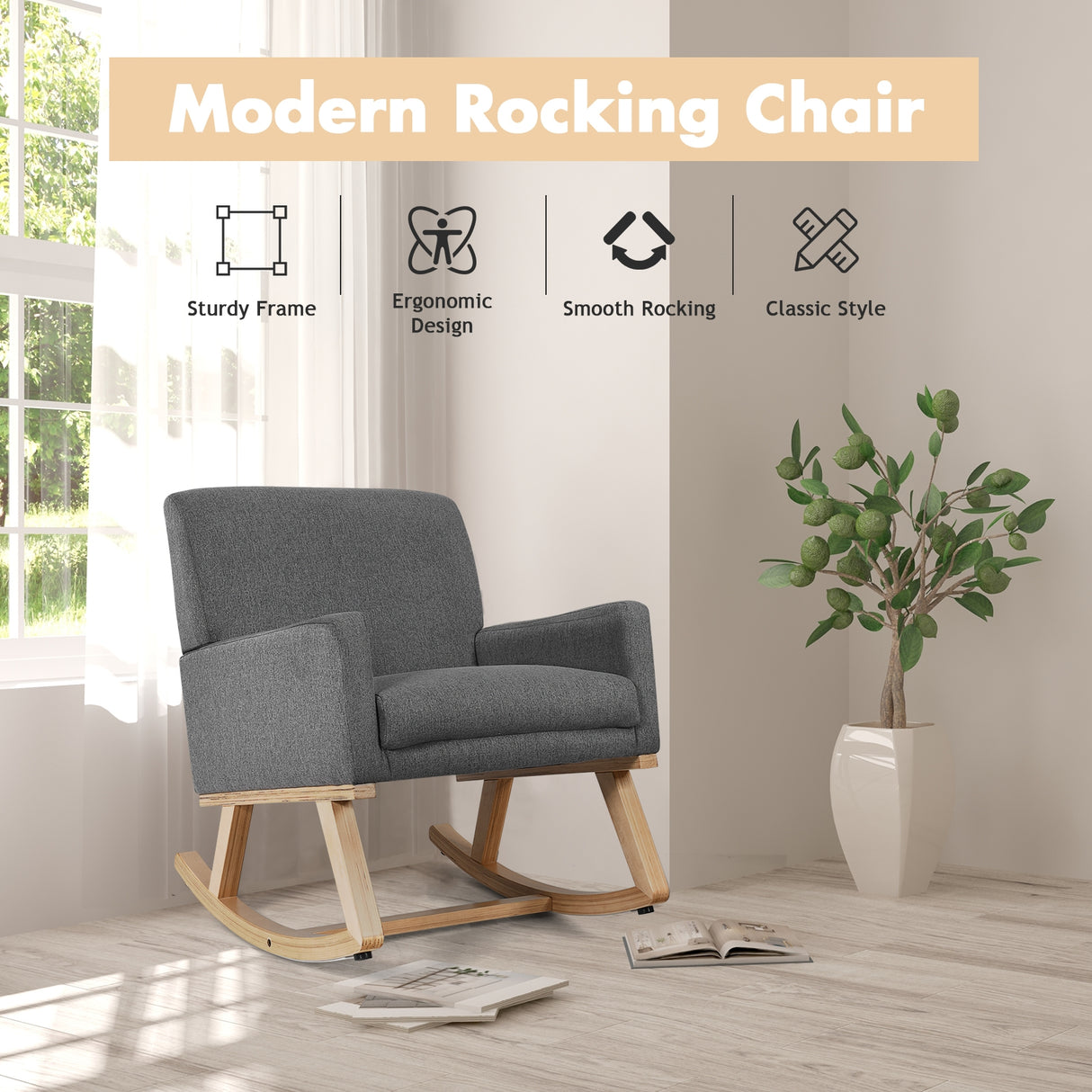 Upholstered Rocking Chair with and Solid Wood Base-Beige