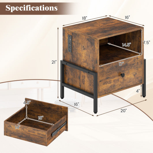 Nightstand with Charging Station and Drawer Sofa Side Table-Rustic Brown