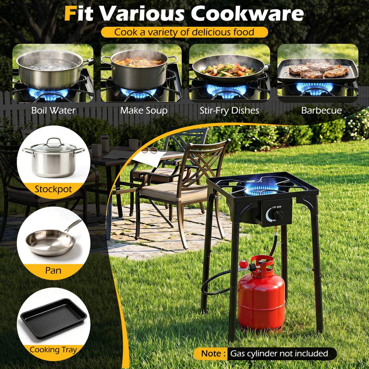 1 Burner Propane Stove 80000 BTU with Adjustable Regulator and Hose for Camping BBQ-Black
