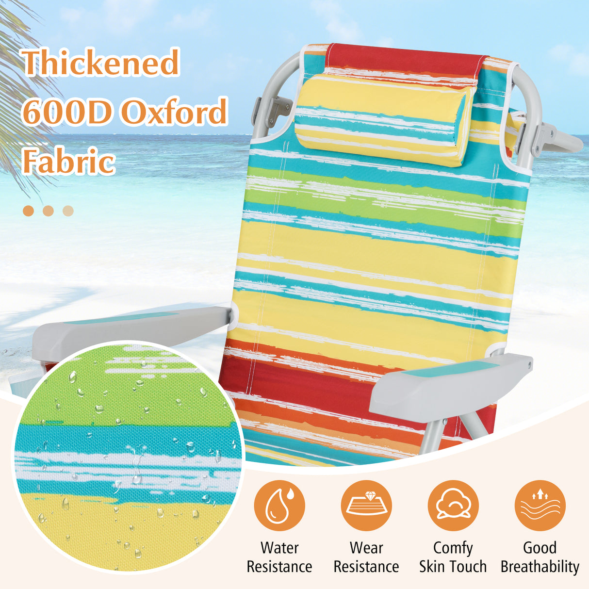 1 Piece Foldable Backpack Beach Chair with Cup Holder and Storage Pockets for Outdoor-Multicolor