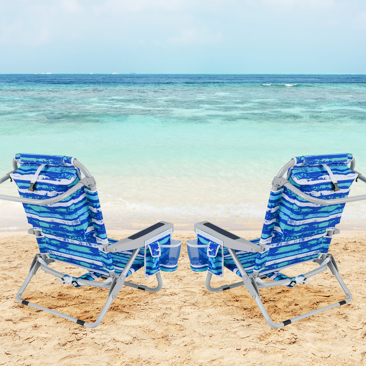 1 Piece Foldable Backpack Beach Chair with Cup Holder and Storage Pockets for Outdoor-Navy