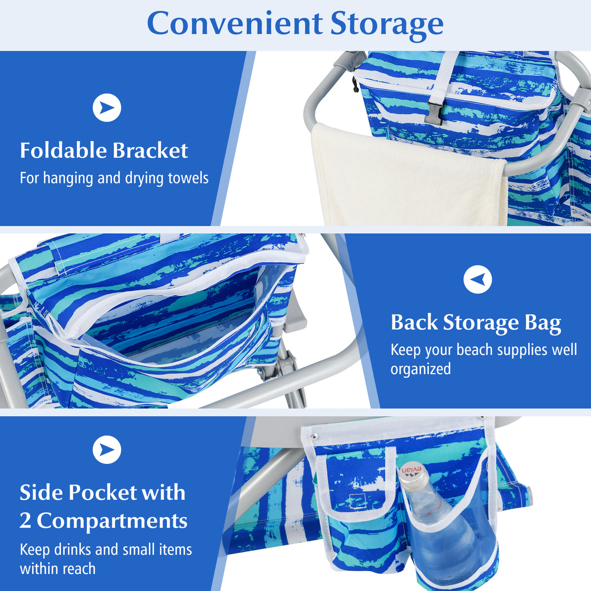 1 Piece Foldable Backpack Beach Chair with Cup Holder and Storage Pockets for Outdoor-Navy
