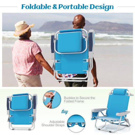 1 Piece Foldable Backpack Beach Chair with Cup Holder and Storage Pockets for Outdoor-Blue