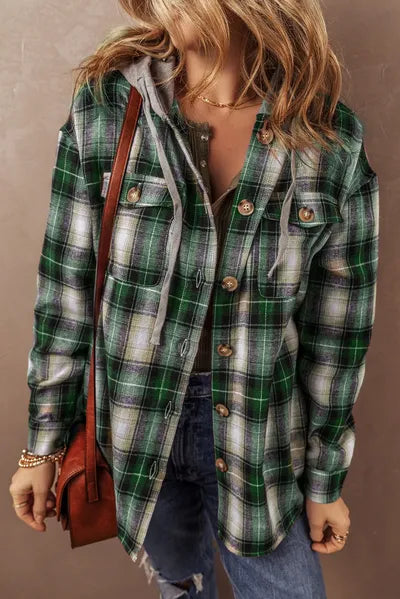 Dark Green Drawstring Pocketed Plaid Hooded Jacket Cozy & Trendy Checkered Outerwear For All Seasons