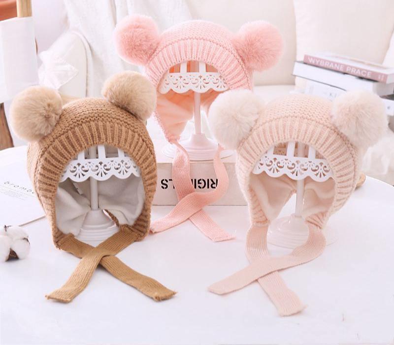 Handmade Modern Trend Winter Christmas Knitted Baby Hat Cute Double Pompom Infant Baby Boy Girl Cap Ear Protection Hats Kids Children Cap