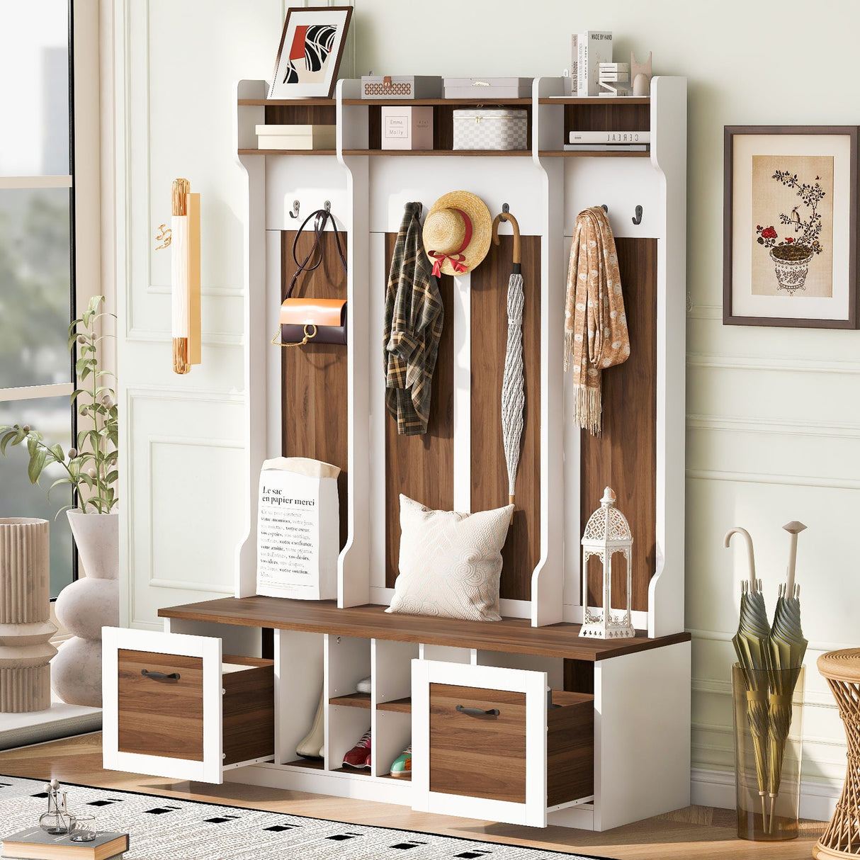 5 In 1 Entryway Bench With Coat Rack, 7 Sturdy Hooks, 2 Spacious Drawers And Adjustable Shelves by Couch.com