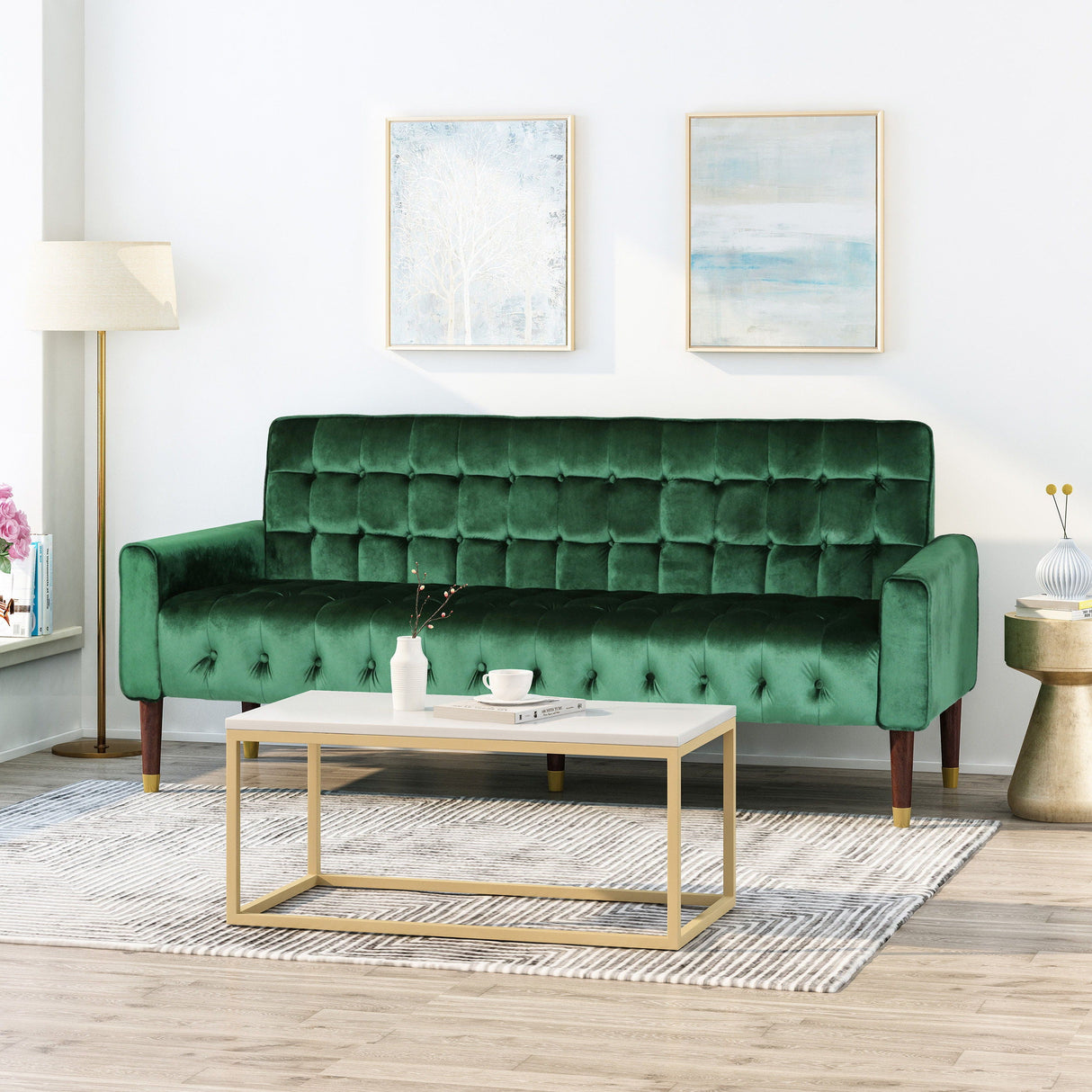 Square Arms Velvet Straight Sofa, Living Room And Study - Emerald by Couch.com