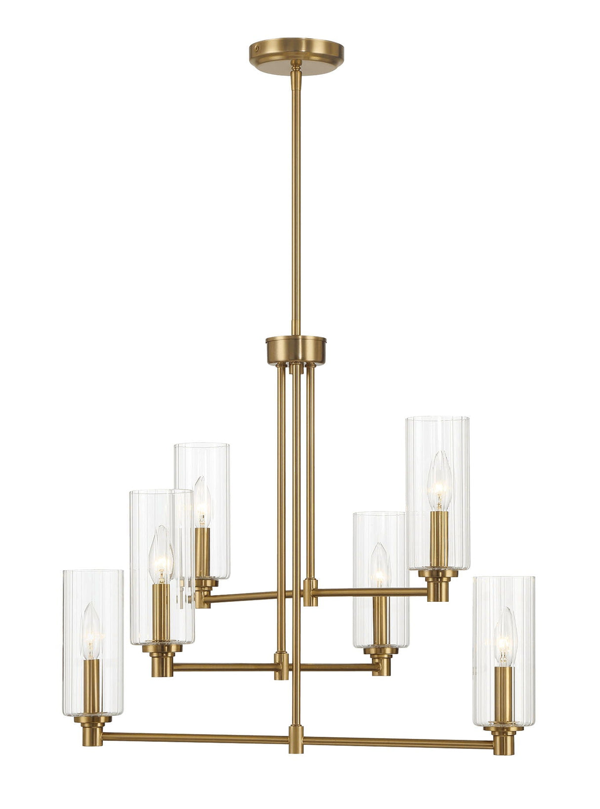 The Timeless chandelier is an elegant, minimalist design featuring a central rod in antique brass and gold with horizontal arms. Each holds two cylindrical clear ribbed satin glass shades, encasing candle-shaped bulbs.