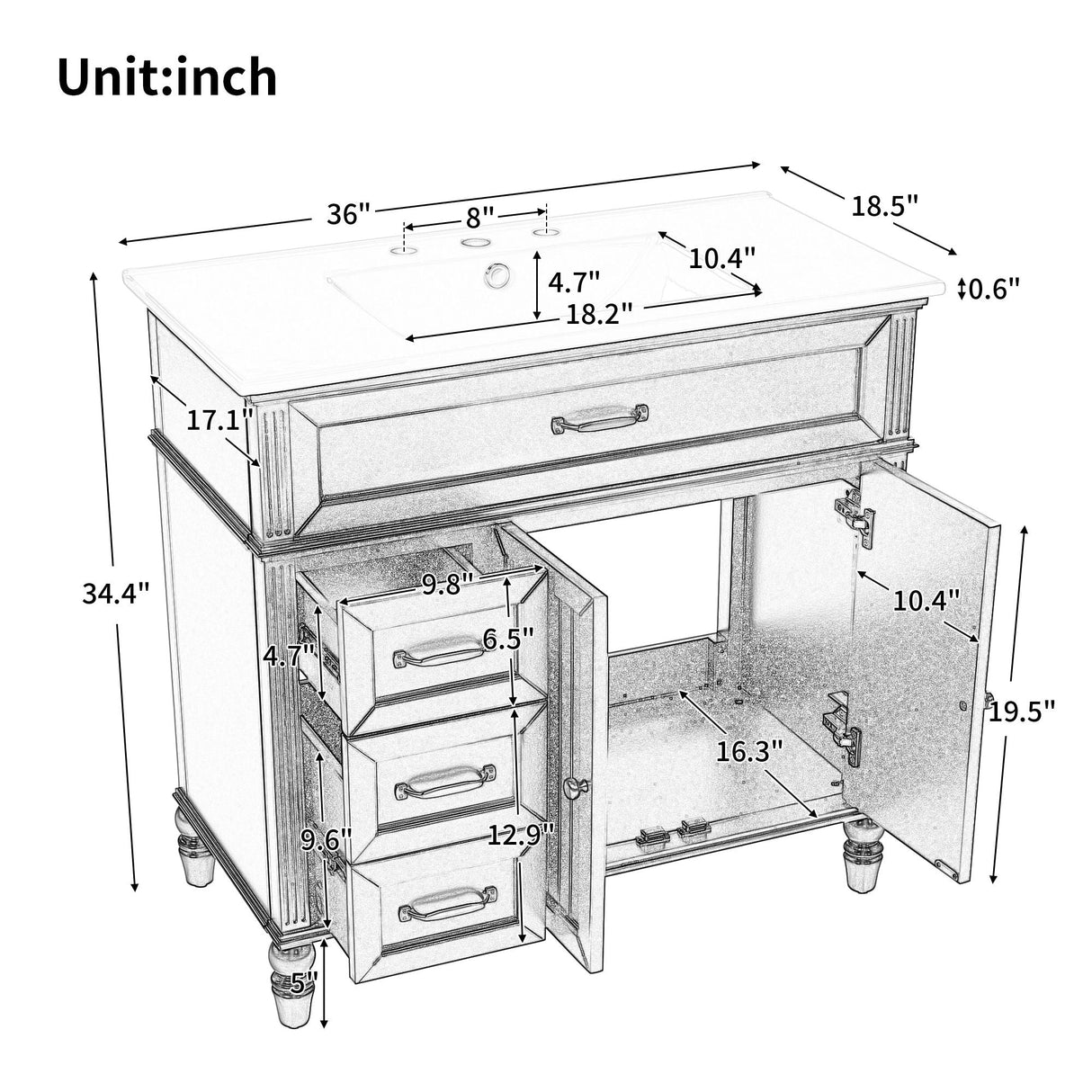 Bathroom Vanity With Sink, Freestanding Cabinet & Drawers