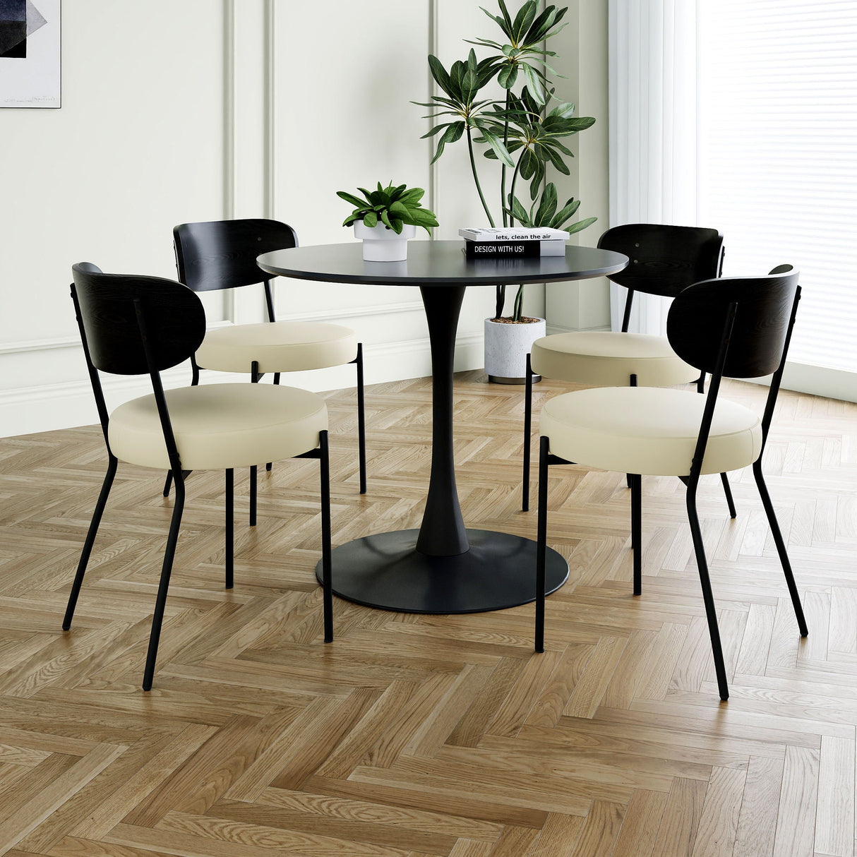 Modern Gray Simple PU Dining Chair Upholstered Chair Family Bedroom Stool Back Dressing, Black Round Table Set, Bentwood Covered With Ash Veneer Chair Back, Chair Metal Legs by Couch.com