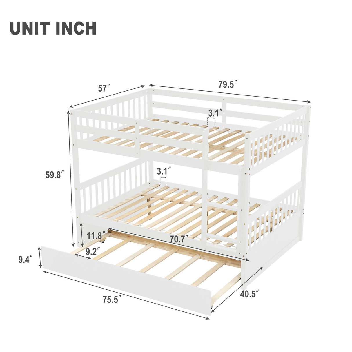 Bunk Bed With Trundle, Convertible To 2 Size Platform Bed, Bunk Bed With Ladder And Safety Rails For Kids by Couch.com