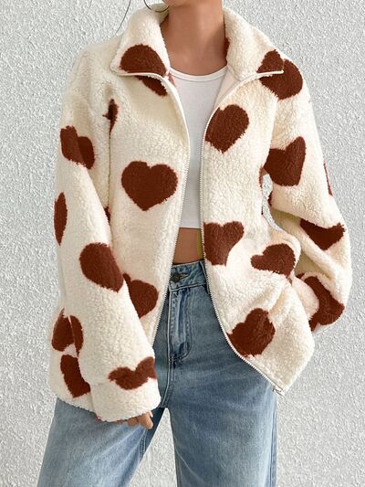 Cute Heart Zip Up Drop Shoulder Furry Jacket Cozy & Trendy Cold-Weather Essential Warm Soft Winter Jacket For Your Girl