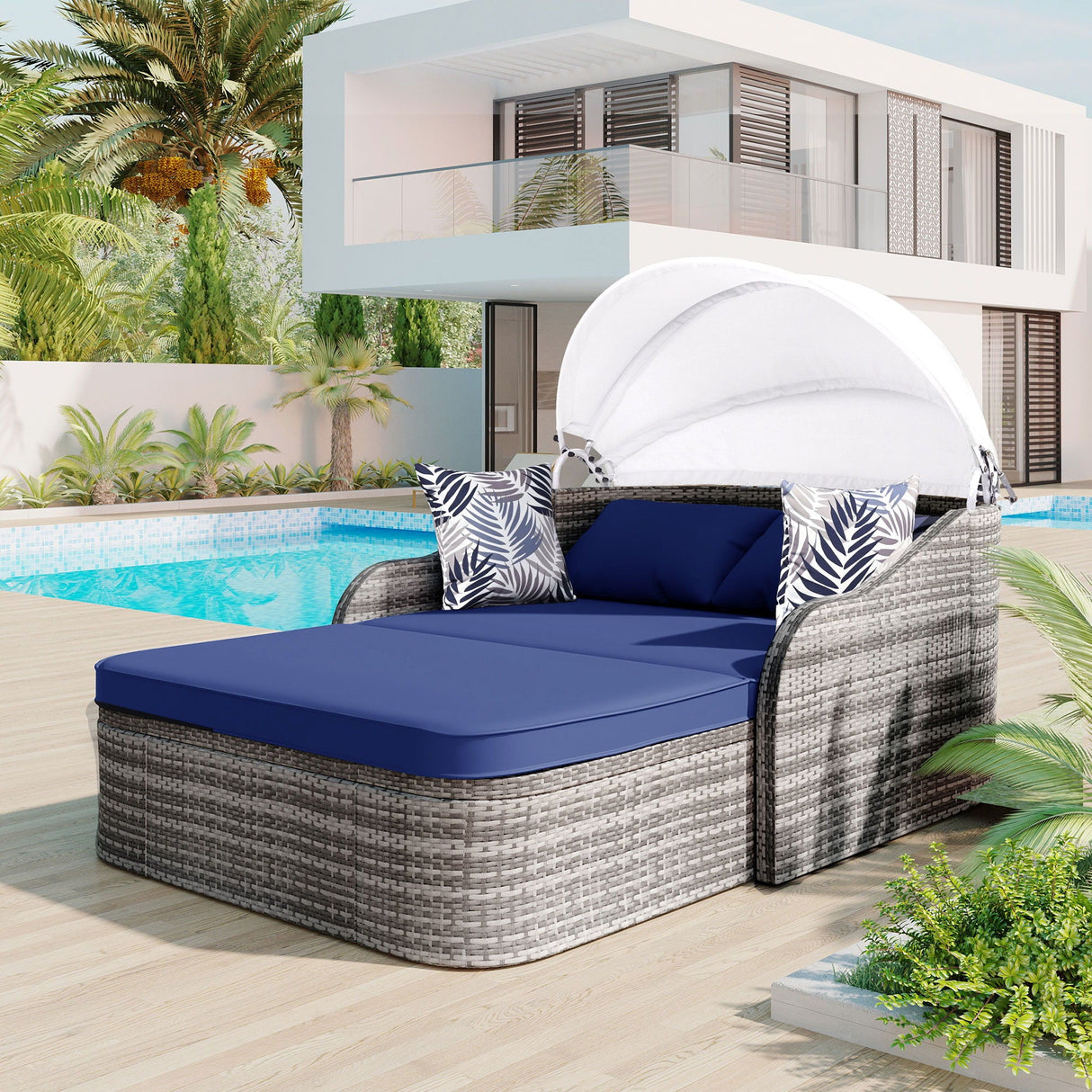 Outdoor Sunbed With Adjustable Canopy, Daybed With Pillows, Double Lounge, PE Rattan Daybed by Couch.com