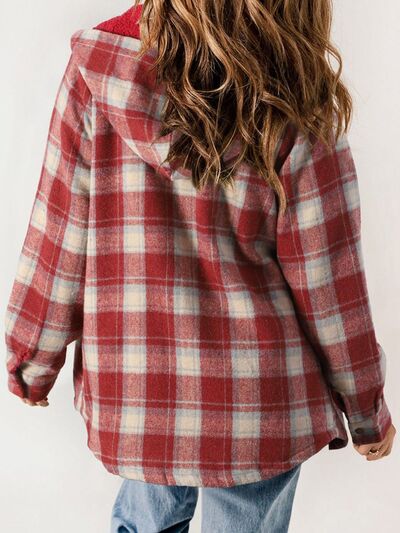 Plaid Snap Down Plush Hooded Jacket Soft & Warm Women Outerwear Cozy And Comfortable Jacket
