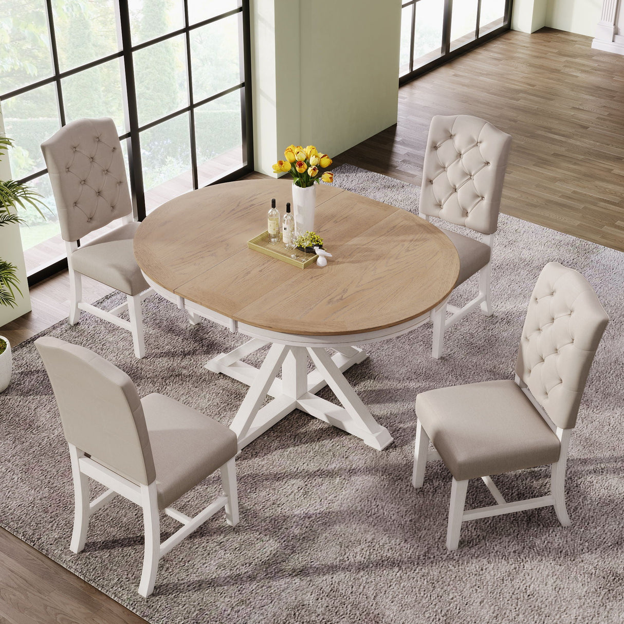 Functional Furniture Retro Style Dining Table Set With Extendable Table And 4 Upholstered Chairs For Dining Room And Living Room by Couch.com