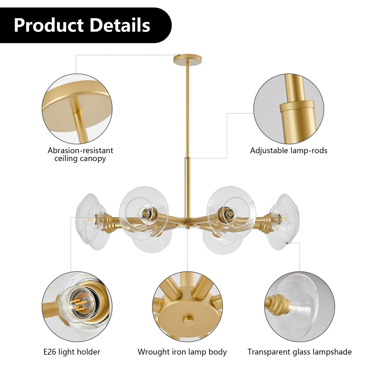 36" Modern Gold 8-Light Sputnik Chandelier with Clear Glass Shades