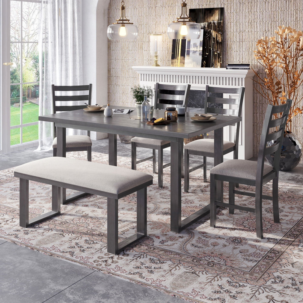 6 Pieces Family Furniture, Solid Wood Dining Room Set With Rectangular Table & 4 Chairs With Bench - Gray by Couch.com