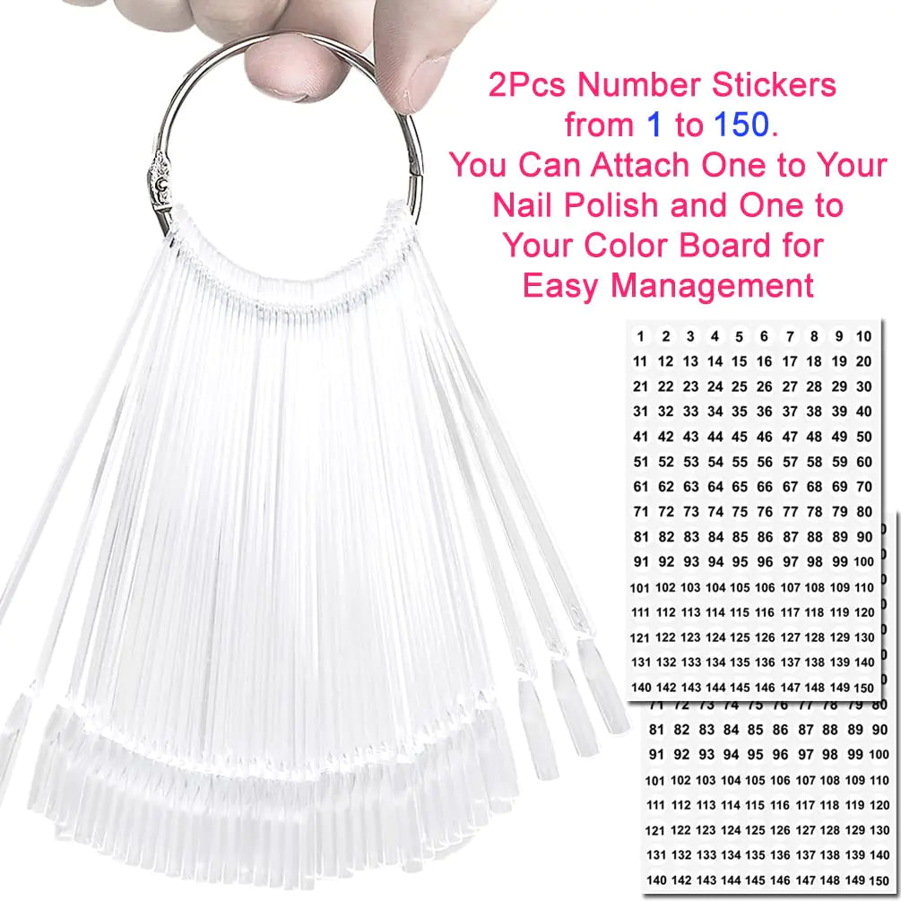 JASSINS 150 Pcs Nail Swatch Sticks with Ring and Number posted, Clear Fan-shaped Nail Art Polish Practice Display Tips Nail Sample Sticks, Nail Practice Color Display Polish Board C. Transparent (150 PCS)