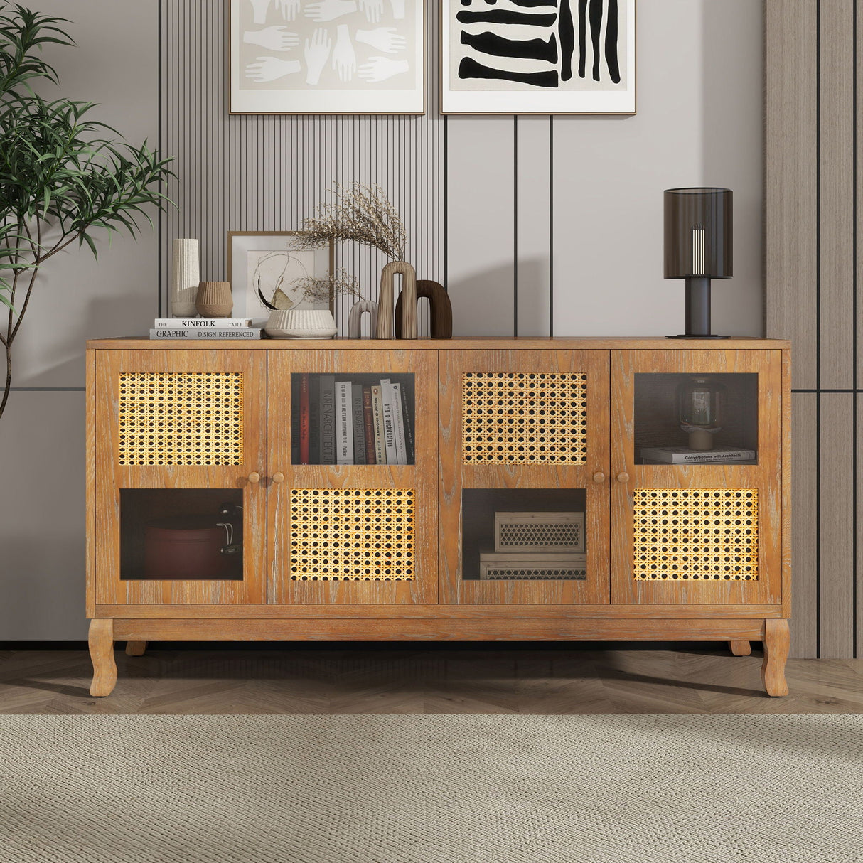 Retro Industrial 4 Door Sideboard With Large Storage, Rattan And Glass Doors by Couch.com
