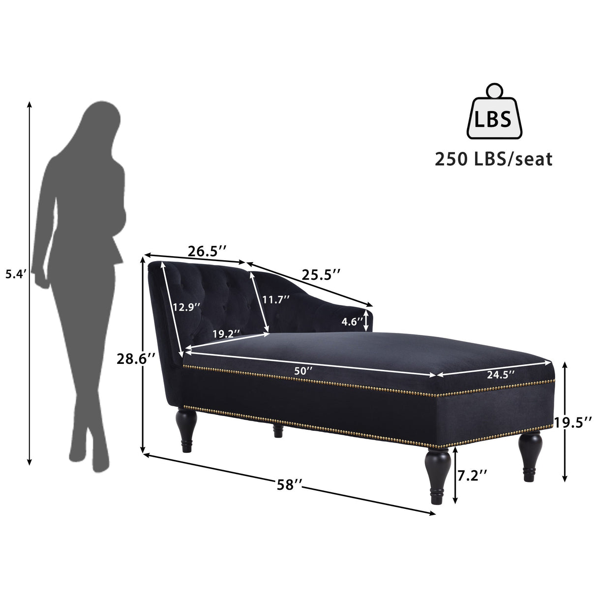 58" Velvet Chaise Lounge with Nailhead Trim and Solid Wood Legs