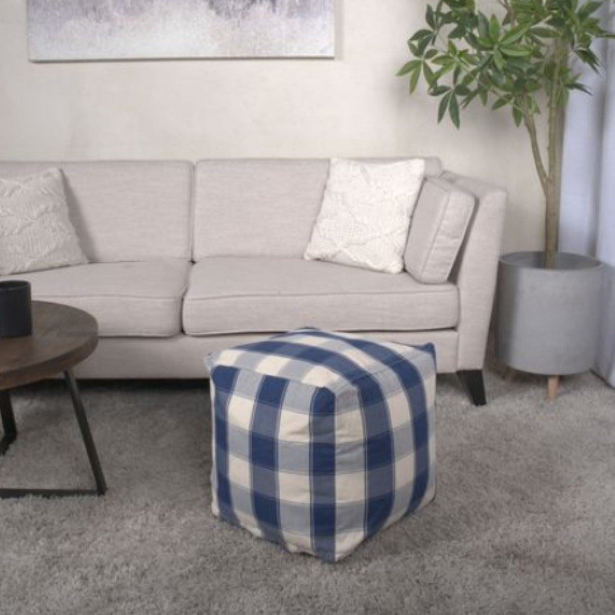 Connor - Checkered Square Pouf Ottoman And Floor Cushion - Ivory / Navy by Couch.com