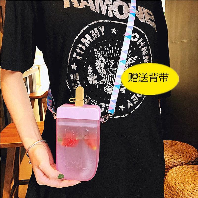 1PC 300ML Cute Straw Cup Water Bottle Outdoor Juice Drinking Water Bottle Suitable for Adult Children with Rope Cute Straw Cup With Rope New Plastic Popsicle Water Bottle Outdoor Transparent Juice Drinking Cup