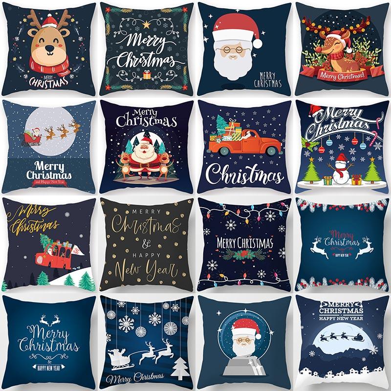 1Pcs Blue Christmas Tree Deer Santa Claus Pattern Polyester Cushion Cover Merry Christmas Throw Cushion Covers Tree Reindeer Star Pillow Case For Party Home Decoration Decorative Sofa Home Decor Pillowcover 45x45cm