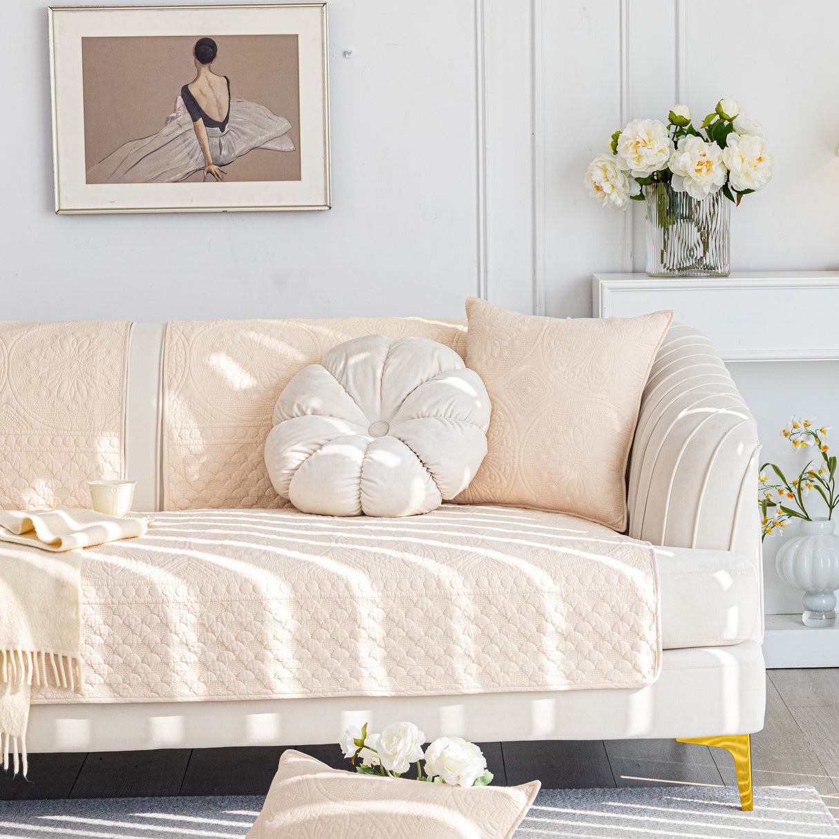 Cotton Quilted Sofa Cover, Non-Slip Couch Protector Fits Backrest, Seat & Armrest