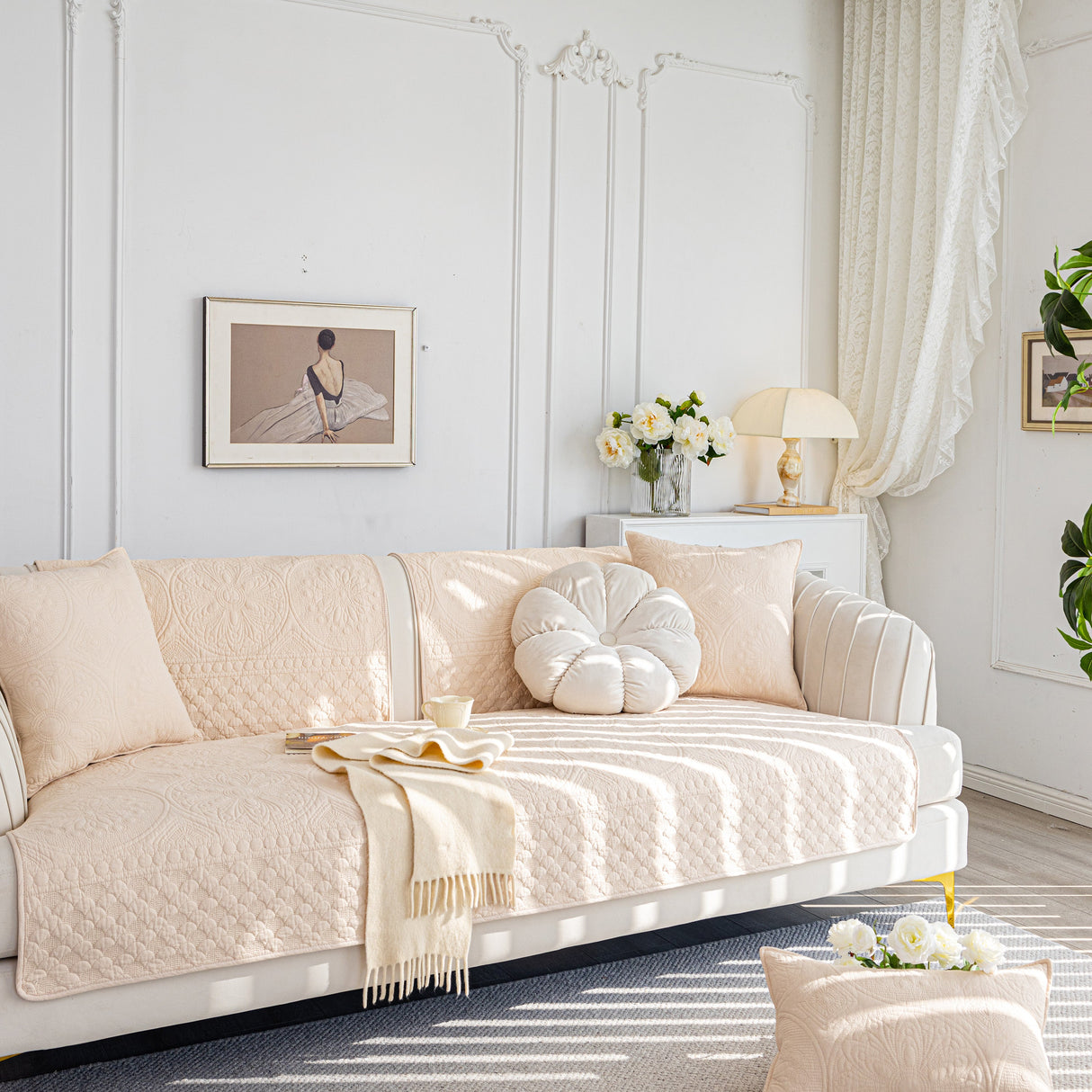 Cotton Quilted Sofa Cover, Non-Slip Couch Protector Fits Backrest, Seat & Armrest