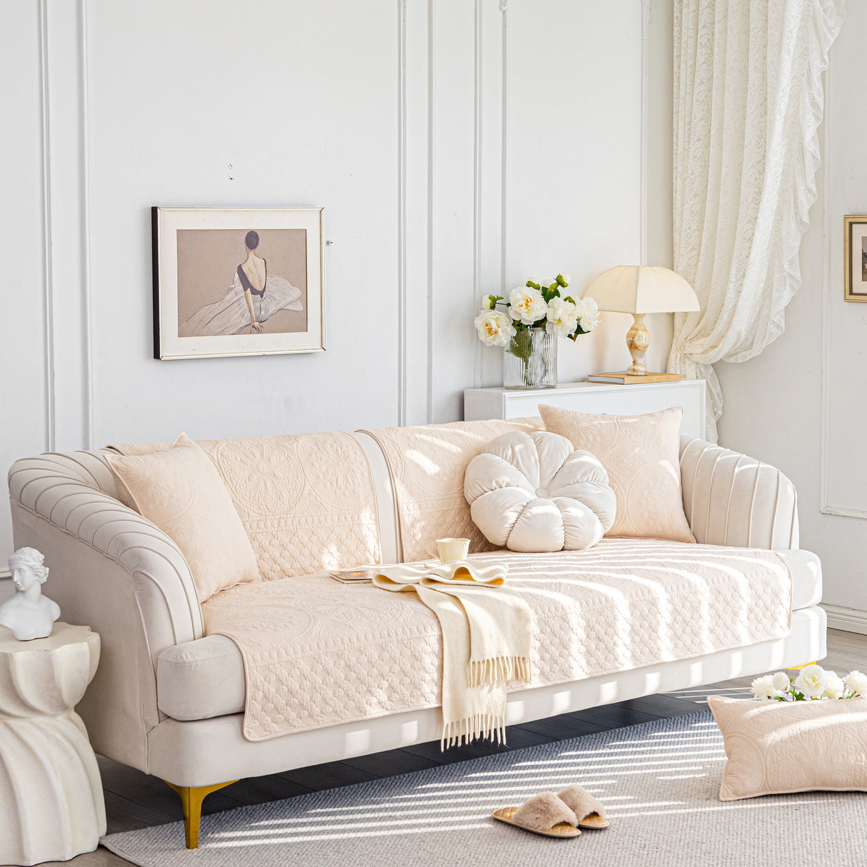 Cotton Quilted Sofa Cover, Non-Slip Couch Protector Fits Backrest, Seat & Armrest