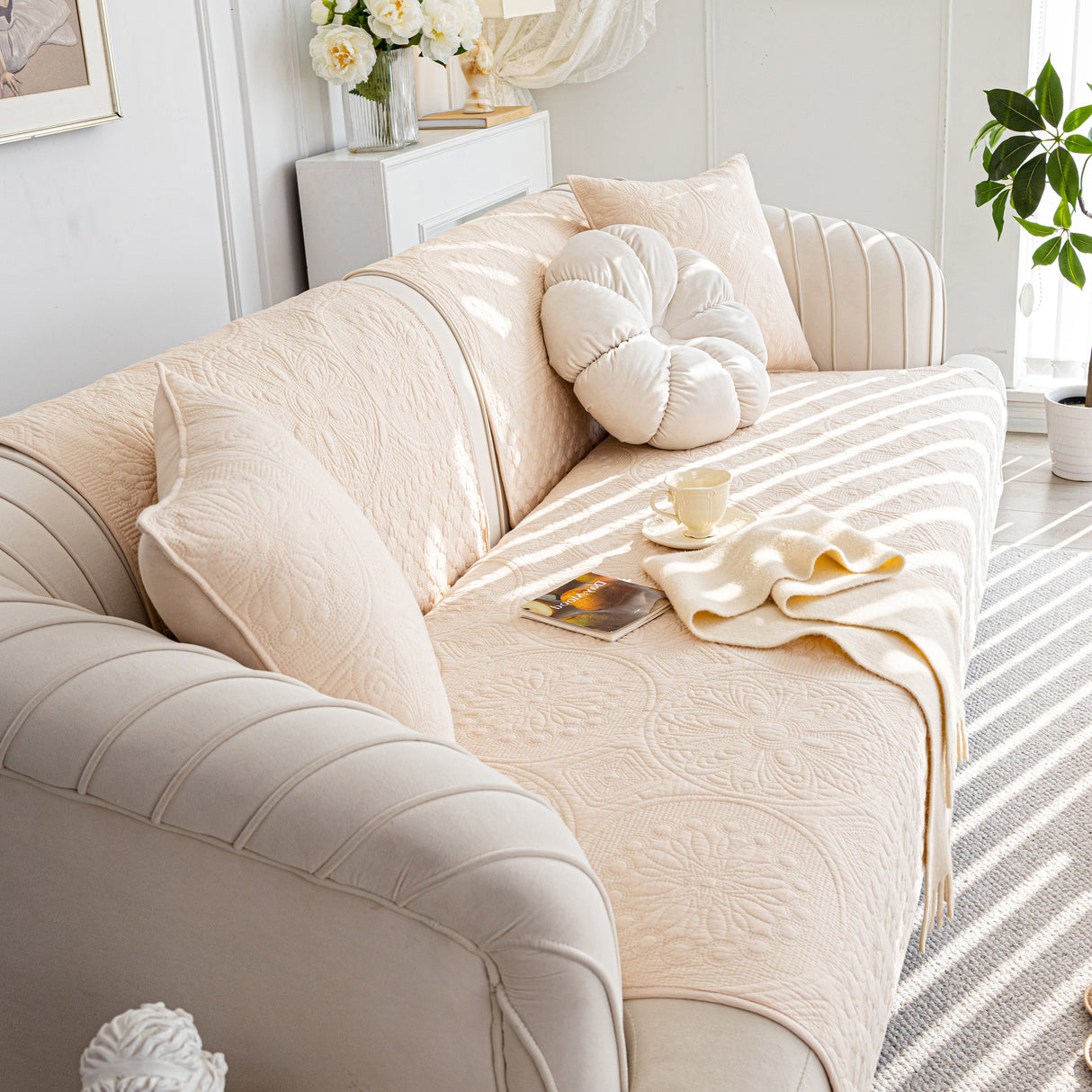 Cotton Quilted Sofa Cover, Non-Slip Couch Protector Fits Backrest, Seat & Armrest