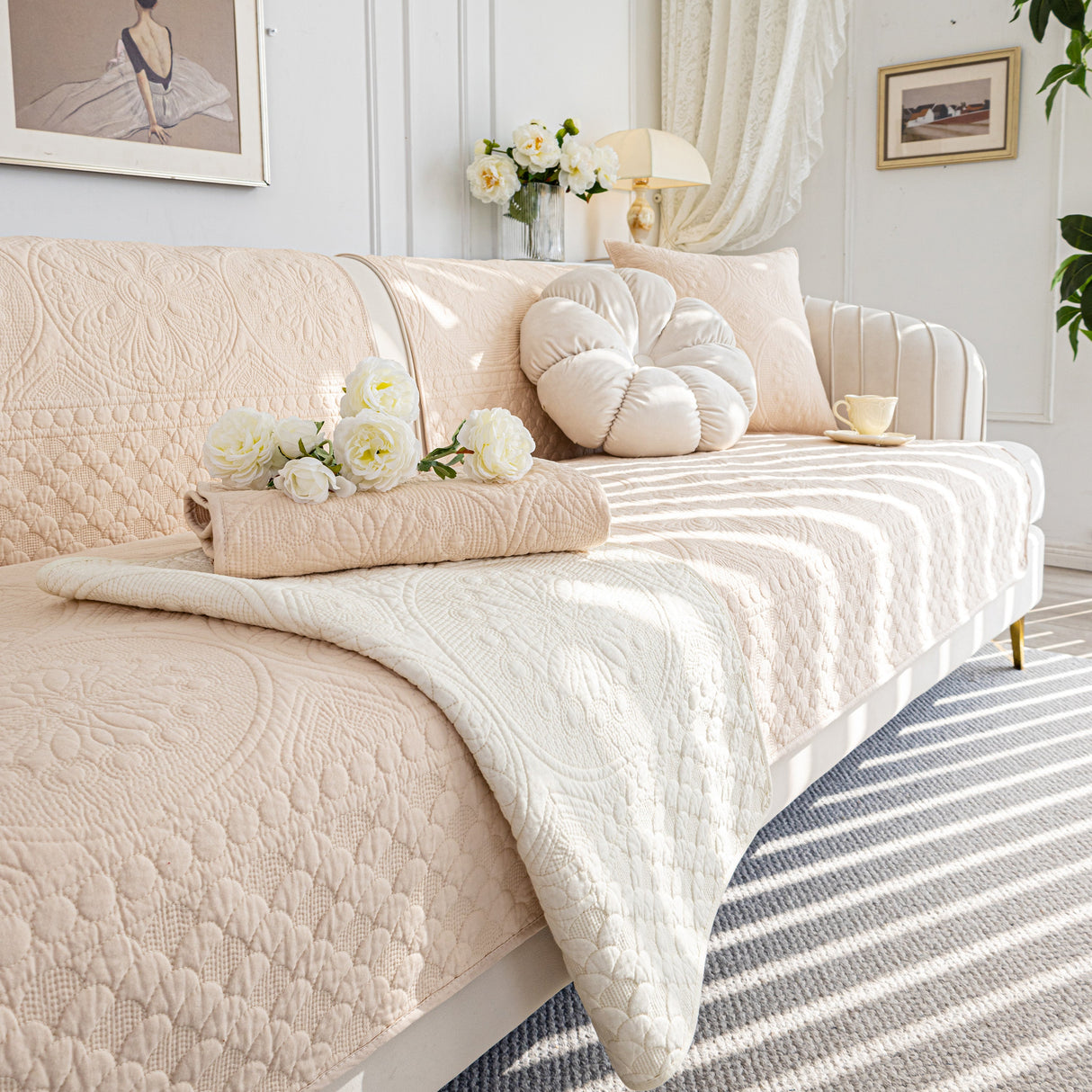 Cotton Quilted Sofa Cover, Non-Slip Couch Protector Fits Backrest, Seat & Armrest