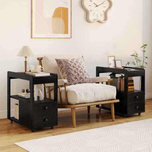 2-Drawer Sofa Side Table with Shelves for Living Room-Black