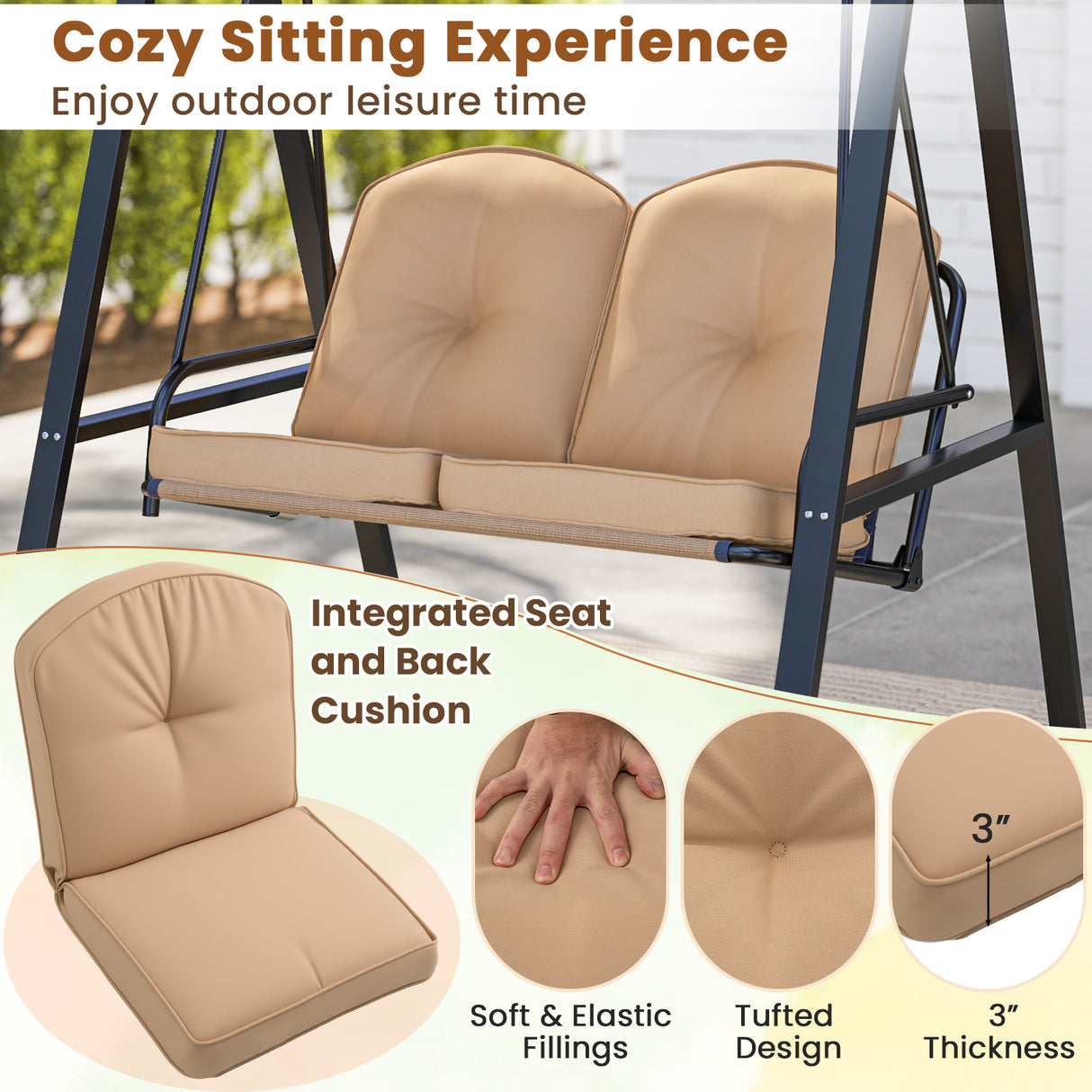 2-Person Outdoor Porch Swing with A-Shaped Metal Stand and Adjustable Canopy-Beige